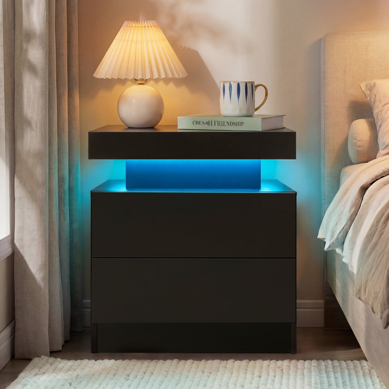 LED Nightstand with Drawers, Black
