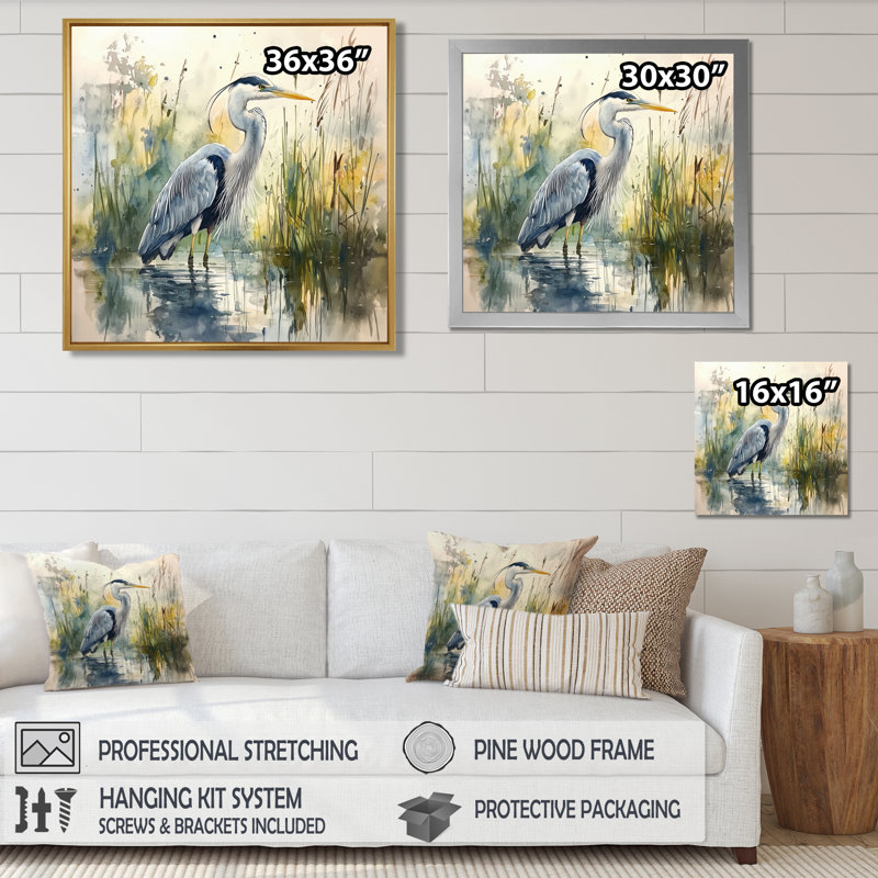 «Ayannah Heron By The Farm Lake», art mural héron, Toile tendue, Ne s’applique pas, H 30 po x l 30 po