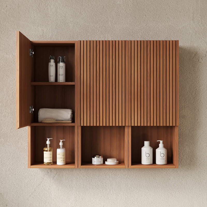 Mitch 41" Bathroom Wall Mounted Cabinet, Composed Of 3 Cabinets With Doors And Open Compartments, Can Be Used In Combination Or Individually, Suitable For Bathroom, Etc., Brown Oak Woodgrain Color