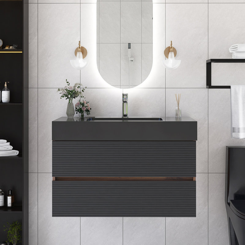 Ensemble de meuble-lavabo simple mural 36 po brun avec plateau intégré de 36 po, Noir, noir, noir, noir