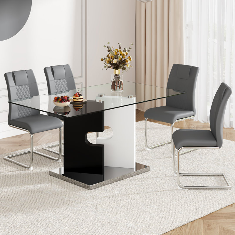Kimara Modern Faux Leather Diamond Quilt Cantilever Dining Chairs, Gray, Silver