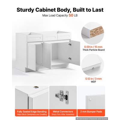 Meuble sous-évier blanc de style Shaker, à assembler, 122 cm de largeur (48 po), dimensions : 122 cm (48 po) L x 61 cm (24 po) P x 88 cm (34,5 po) H, avec 3 portes, quincaillerie à fermeture amortie et chants fins. Parfait pour la maison, le bureau et la buanderie.