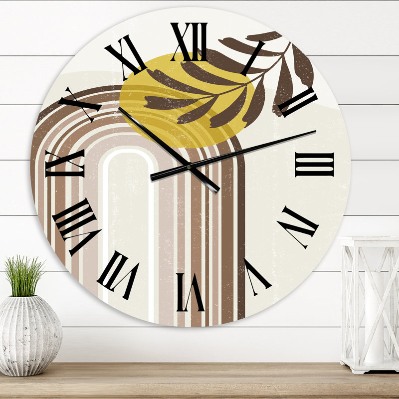 Abstrait soleil et lune avec feuille dans des tons de terre - horloge murale moderne, Moyen