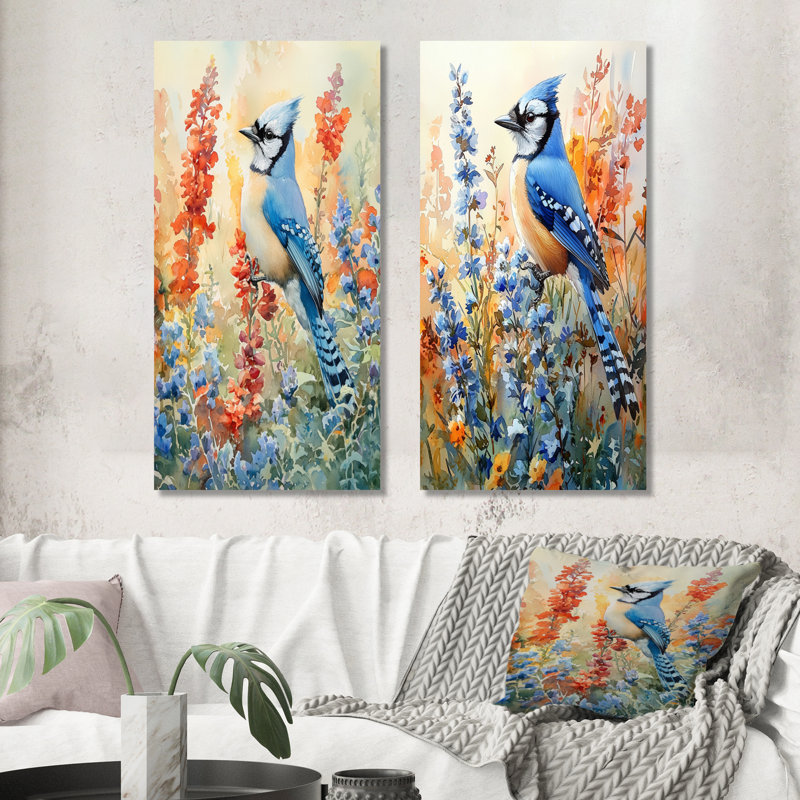 Blue Jay in the Summer Garden I - Birds, ensemble de 2 décorations murales en métal, 32" H x 32" W