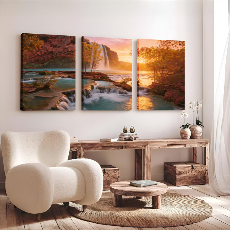«Waterfall Landscape Sunset», ensemble de 3 reproductions d'art sur toile tendues, 1218