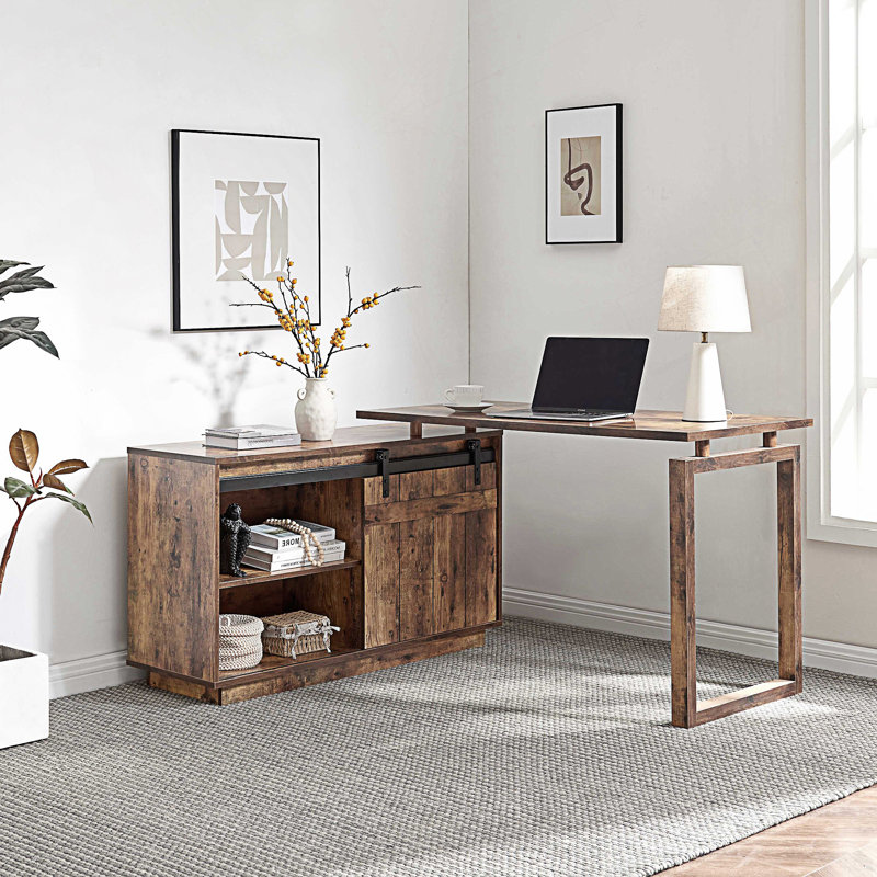 L-Shaped Workstation With Storage Credenza, Brown