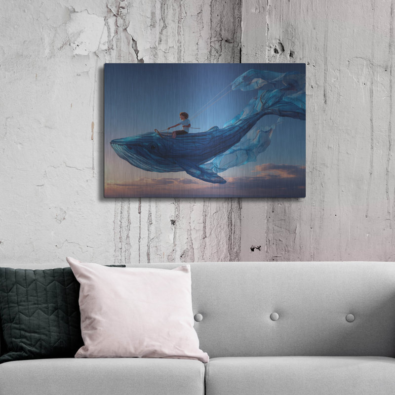  «Riding A Flying Whale» par Ann Klee, art mural en métal, 36 po x 24 po, H 24 po x l 36 po