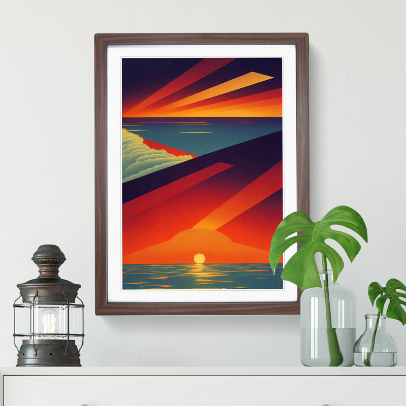 Vivid Abstract Ocean Sunset - Wall Art, 36cm H x 27cm W, Walnut Framed, White