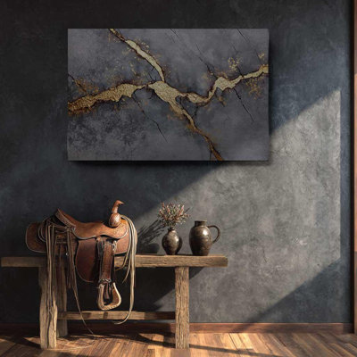 Toile grise et dorée Kintsugi, art mural abstrait en pierre craquelée - impression de béton industriel moderne, décor de bureau Wabi Sabi de luxe