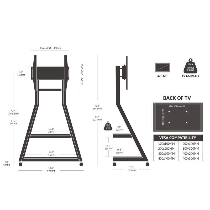 Meuble télé à plancher mobile en acier l 30,4 po Carshalt, Noir