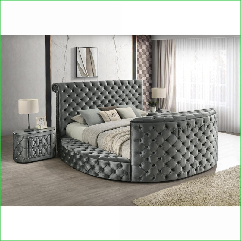 Modern Gray Tufted Nightstand with 8mm Tempered Glass Top & Two Drawers, Gray