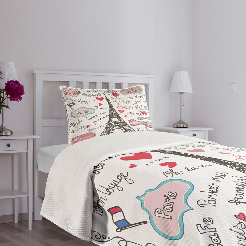 Twin White Quilted Bedspread Set with Paris Design