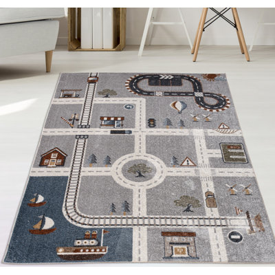 Tapis abstrait en polypropylène / jute tissé à la machine Downton en beige / bleu / gris