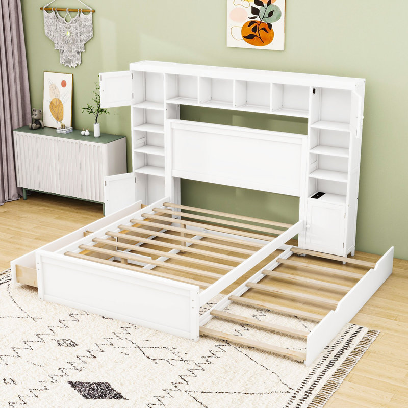 Lit plateforme avec prises intégrées et tiroirs de rangement, Double, Blanc