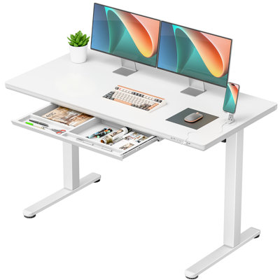 Bureau debout à hauteur ajustable de 47 po avec tiroir et charge USB, bureau d'ordinateur avec affichage à DEL et support pour téléphone portable, blanc