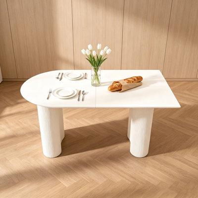 63 "Modern MDF New Cream Style Dining Table and Irregular Side Table, 4-8 Person Dining Table, Thick Engineering Wood Round Wave Table Legs, Home Kitchen Thick Elegant Cream White Assembly Table Top