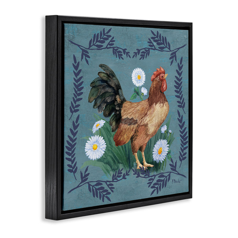 «Rooster & Daisies», art mural encadré par Paul Brent, Cadre flottant noir de jais, H 18 po x l 18 po
