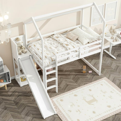 Twin-size House Loft Bed ,pine Wood And Mdf ,with Slide, Storage Shelves And Light