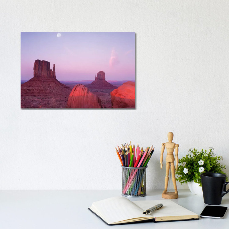 East And West Mittens, Buttes At Sunrise With Full Moon by Tim Fitzharris - Wrapped Canvas Print, 20.32 cm H x 30.48 cm W
