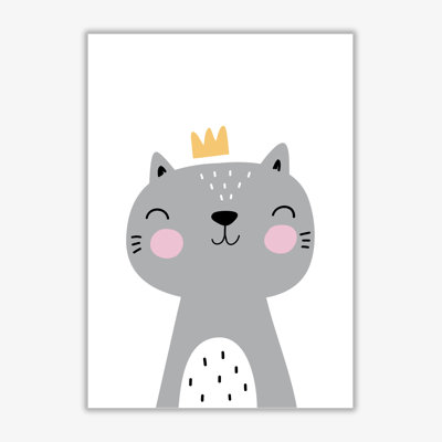 Grey Scandi Cat With Crown - Print