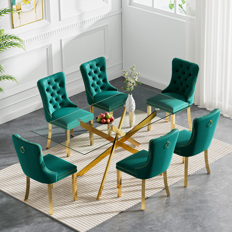 Darlene 60" Glass Dining Table Set Modern Dining Room Table Set  X-Shape Pedestal Glass Table with Dining Chairs, Dining Set for Dining Living Room