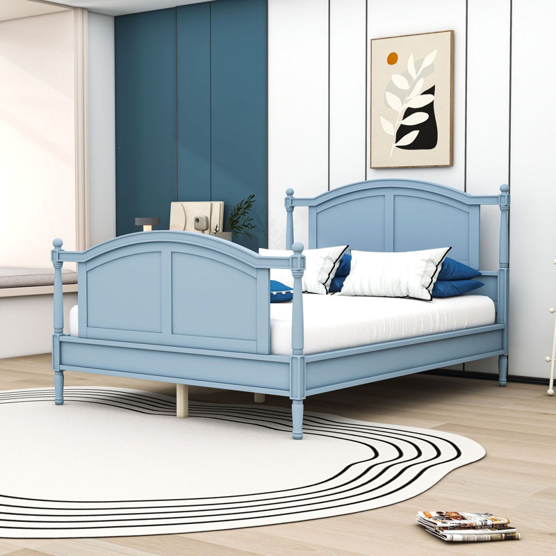 Lit plateforme Farmhouse avec tête et pied de lit et pieds de support, Grand lit, Bleu clair