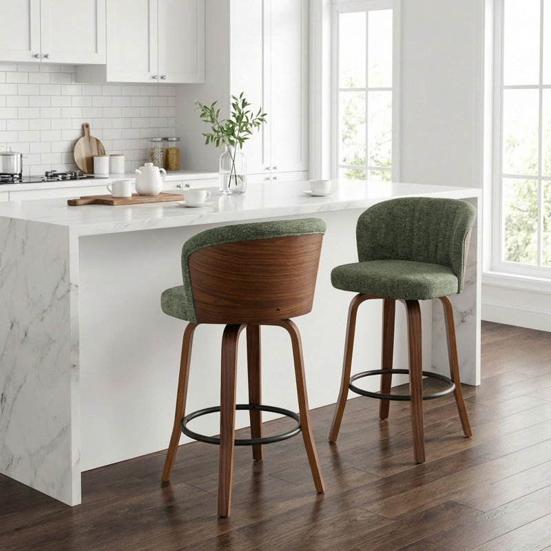 Tabouret de comptoir pivotant rembourré avec structure en bois Devaney, Vert