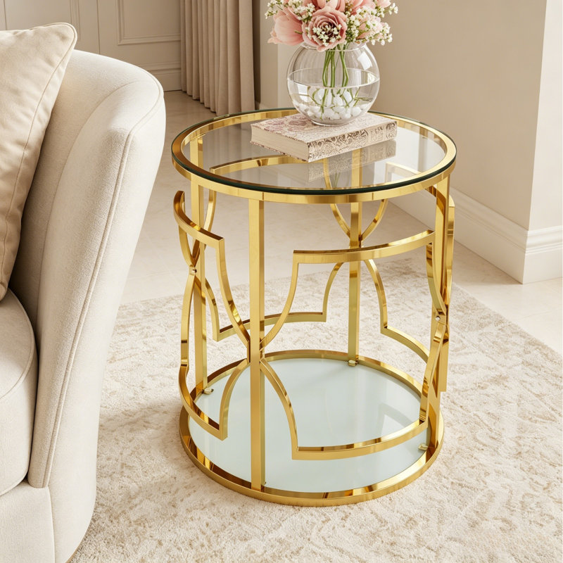 Table d'appoint ronde dorée de luxe 19,7 pouces avec tablettes de rangement, Transparent / Doré