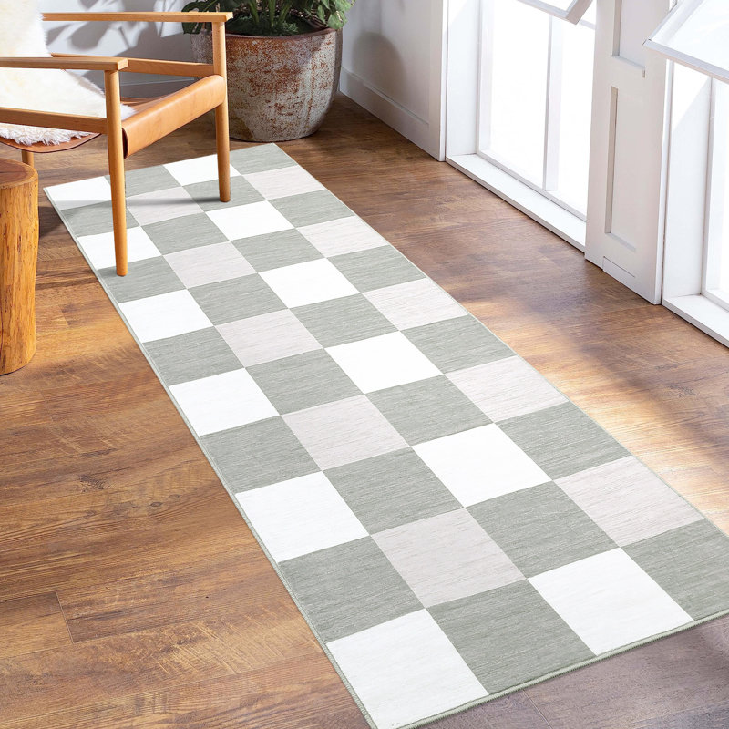 Plaid Printed Runner Rugs 2x6 Modern Hallway Rugs with Non-Slip Backing, Non-Shedding Geometric Indoor Carpet Mat, Foldable Thin Floor Cover for Laundry, Bedroom, Kitchen, Grey