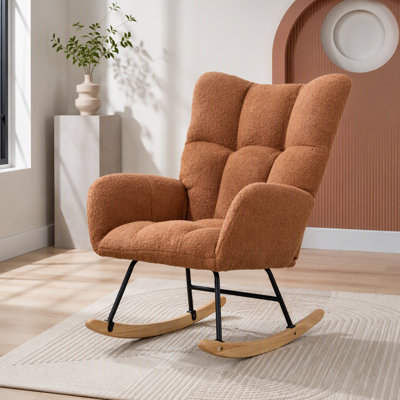 Fauteuil à bascule à oreilles en polaire douce avec poche latérale, base en bois massif, coussin moelleux, idéal pour l'allaitement, la chambre d'enfant ou le salon, brun