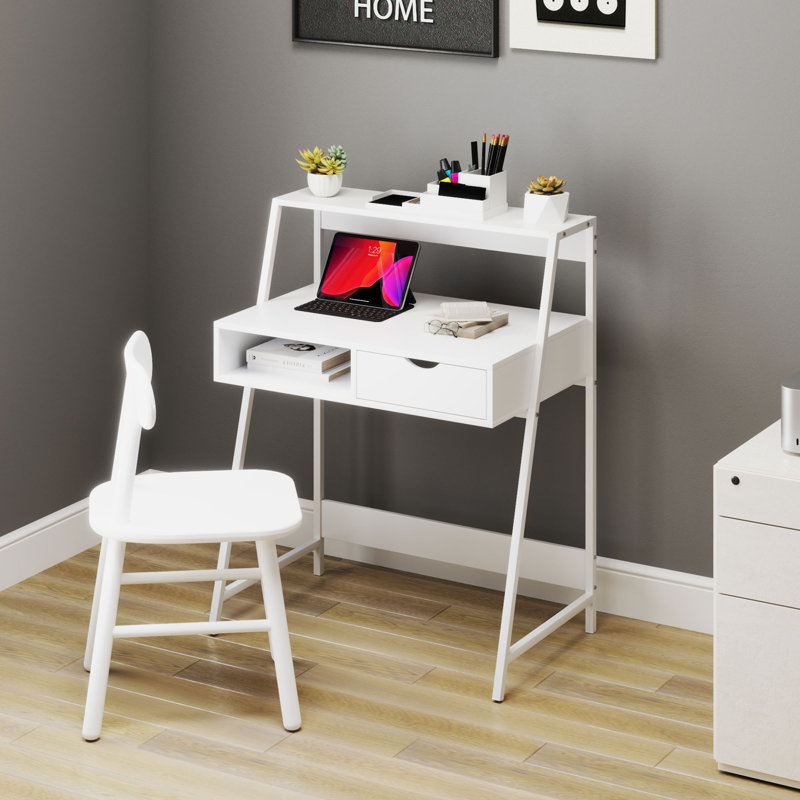 Home Office desk, Computer Desk for Small Spaces, Writing Table with Drawer and Storage Shelves, White