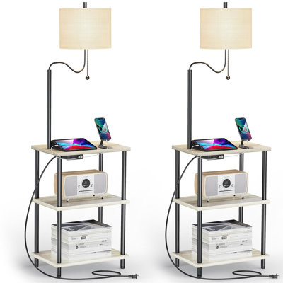 Set Of 2 Modern Grey End Tables With Lamps And USB Ports, Versatile Nightstands For Bedroom And Living Room
