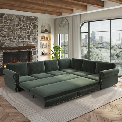 Canapé en L 118 po avec lit escamotable, canapé-lit convertible surdimensionné avec garniture cloutée et accoudoirs roulés, canapé modulaire revêtu de chenille, pour salon, appartement, bureau, vert