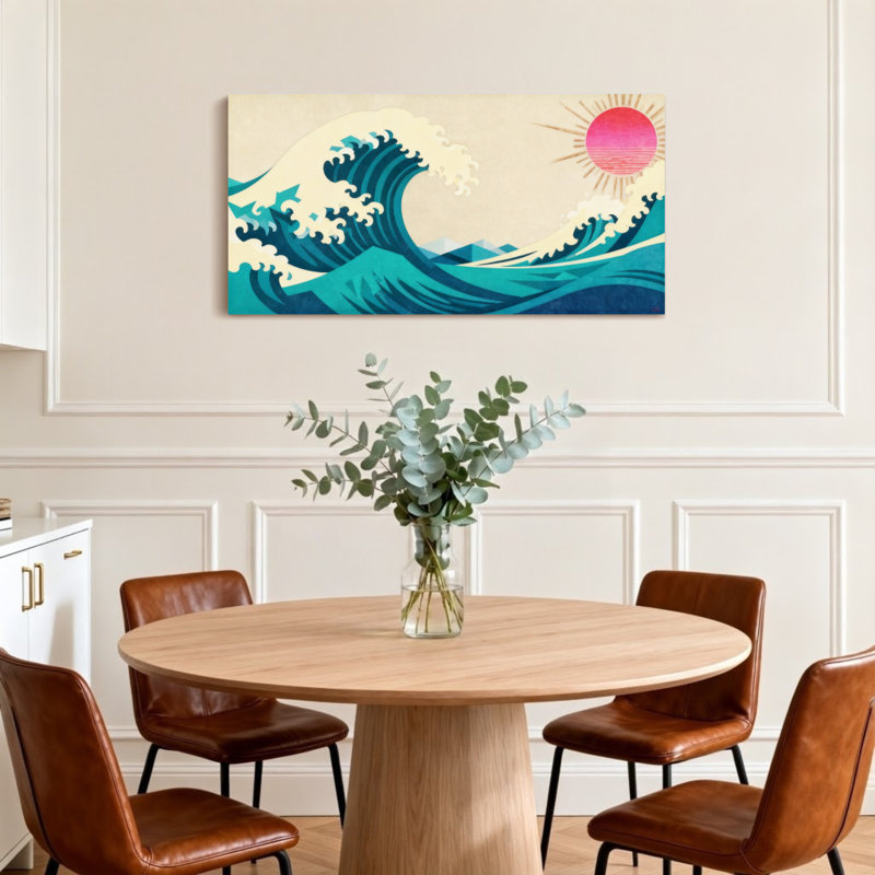 «Nautical & Beach Wave Sun Mountains Ocean Sky», reproduction d'art sur toile, H 16 po x l 32 po