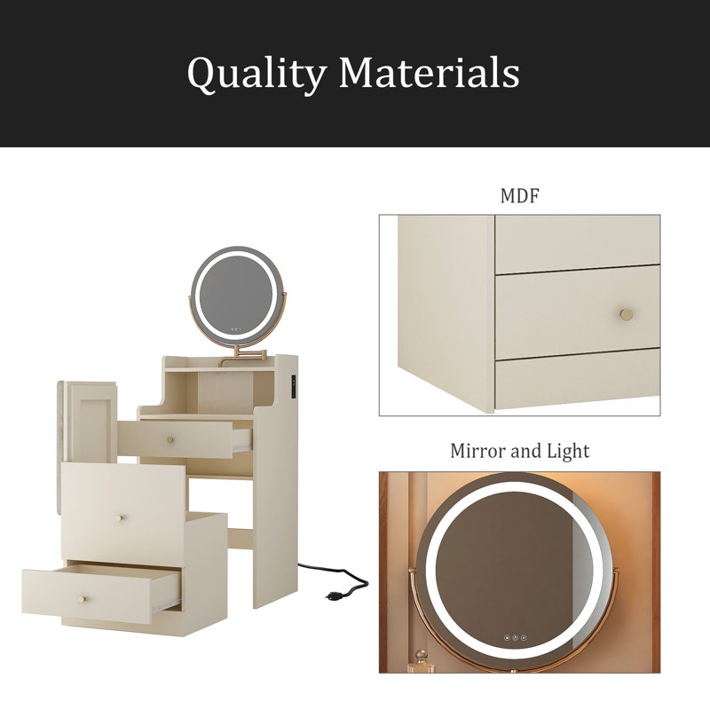 3 In 1 Vanity Desk With Mirror And Light ,Small Makeup Vanity Set With Charging Station, With 2 Drawers And Open Storage Space, With Upholstered Stool, Compact Dressing Table Writing Desk