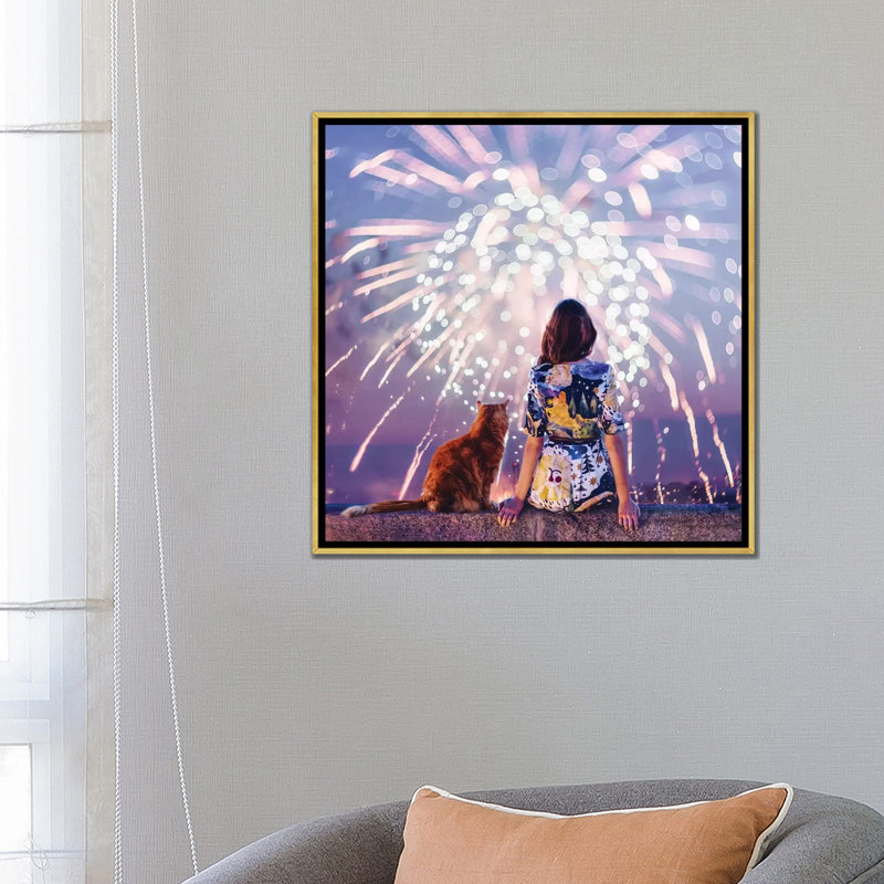 Nuit. Magie. Feux d’artifice de Hobopeeba-impression, H 26 po x l 26 po x P 1,5 po, Pas de tapis, Toile encadrée d'or