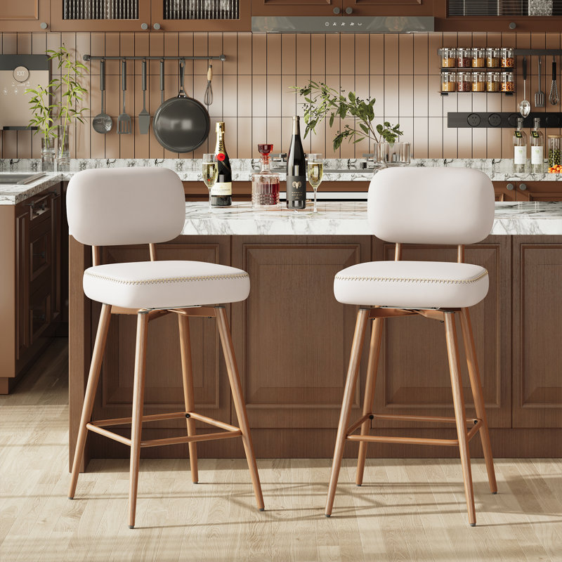 Modern Swivel Upholstered Counter Stools with Metal Frame, Beige