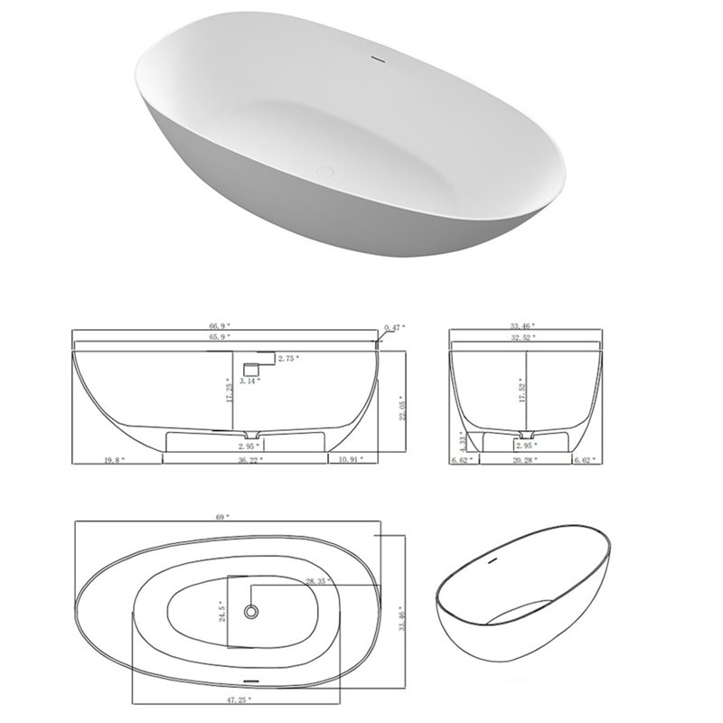 69'' x 33.46'' Freestanding Solid Surface Bathtub