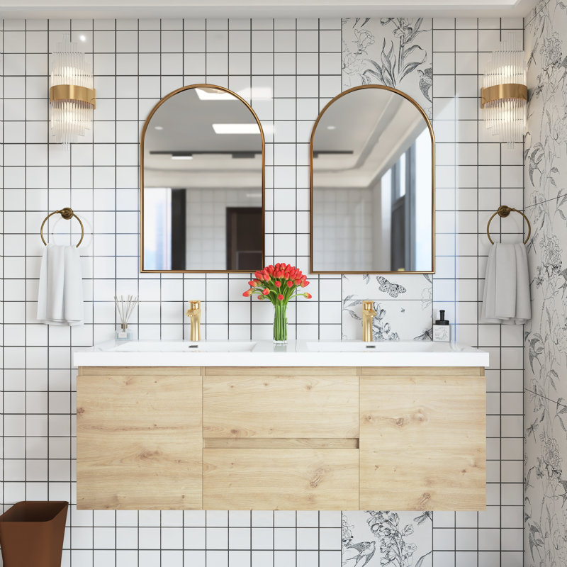 Meuble-lavabo mural double 60 po avec plateau en marbre Darricka