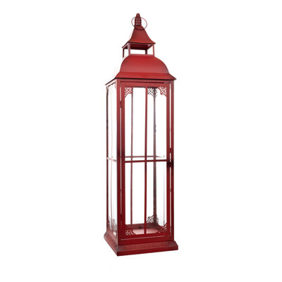 Ensemble de trois bougeoirs de lanterne de plancher en métal orné de verre rouge patiné