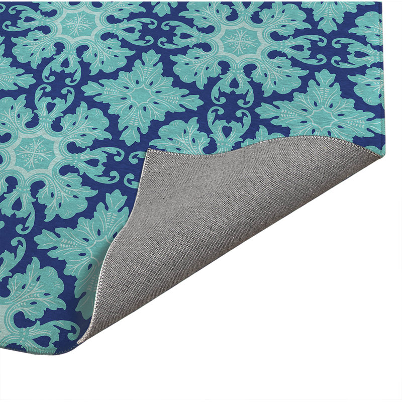 Damask Tile Thin Lightweight Kitchen Mat, Blue, Rectangle 5' x 7'