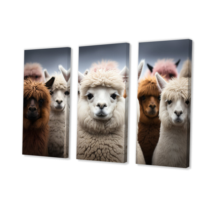 Alpacas gracieuses fibres sur toile, reproduction de 3 pièces, H 28 po x l 36 po x P 1 po