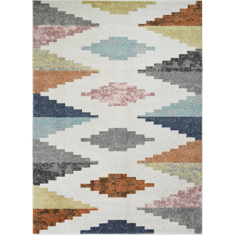 Tapis géométrique tissé à la machine Cherrel en polypropylène gris / jaune / bleu, Rectangle 5 pi 3 po x 7 pi 3 po