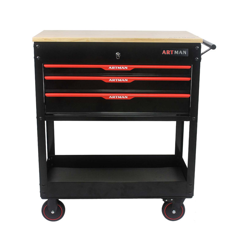 Chariot à outils multifonctionnel à 3 tiroirs avec roulettes et plateau en bois - noir et rouge