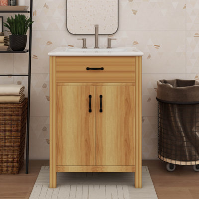 Meuble-lavabo en bois massif de 24 po avec tiroir basculant, 2 portes à fermeture automatique, tablette mobile et lavabo contemporain en céramique