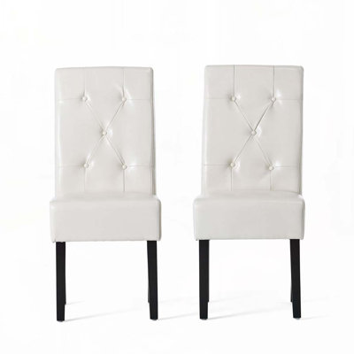 Leather Upholstered Dining Chair Set with 4 Wood Legs， Tufted  Back