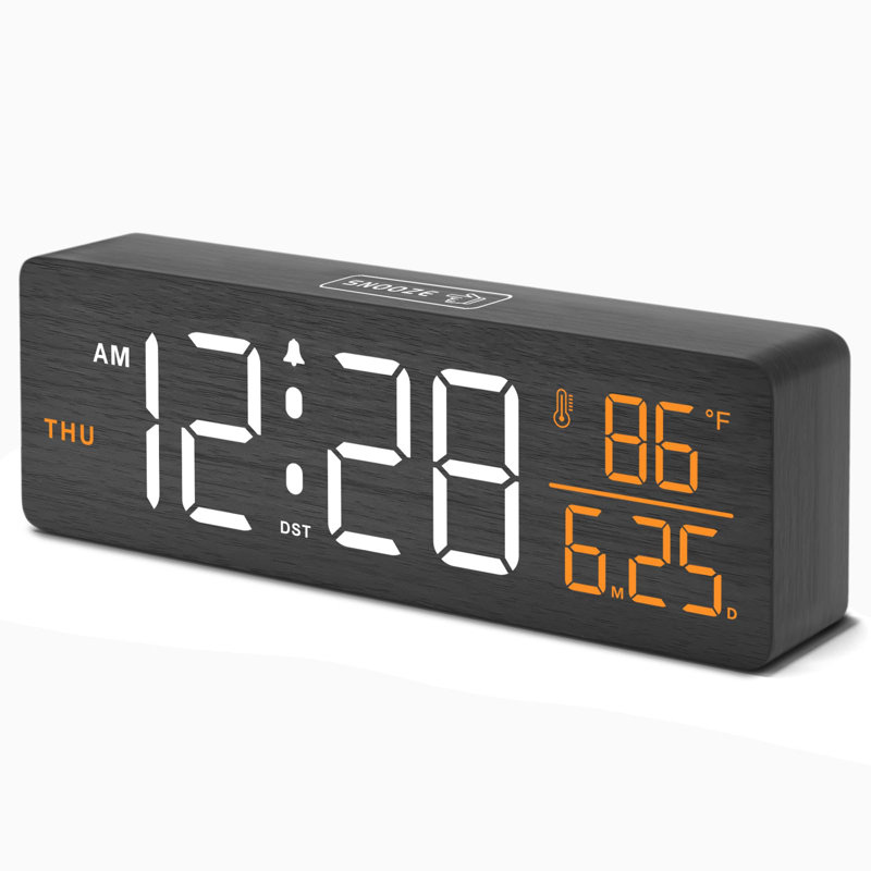 Horloge numérique en bois, grand affichage avec date, jour, température, gradateur, volume réglable (brun)