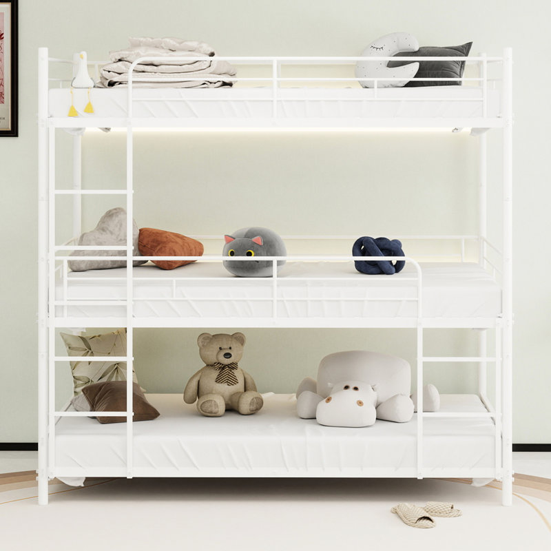 Structure de lit simple triple robuste avec rampe intégrée et pleine longueur, pour dortoir de chambre à coucher, blanc, sans ressorts, fer à repasser, caractéristiques d'assemblage simple,