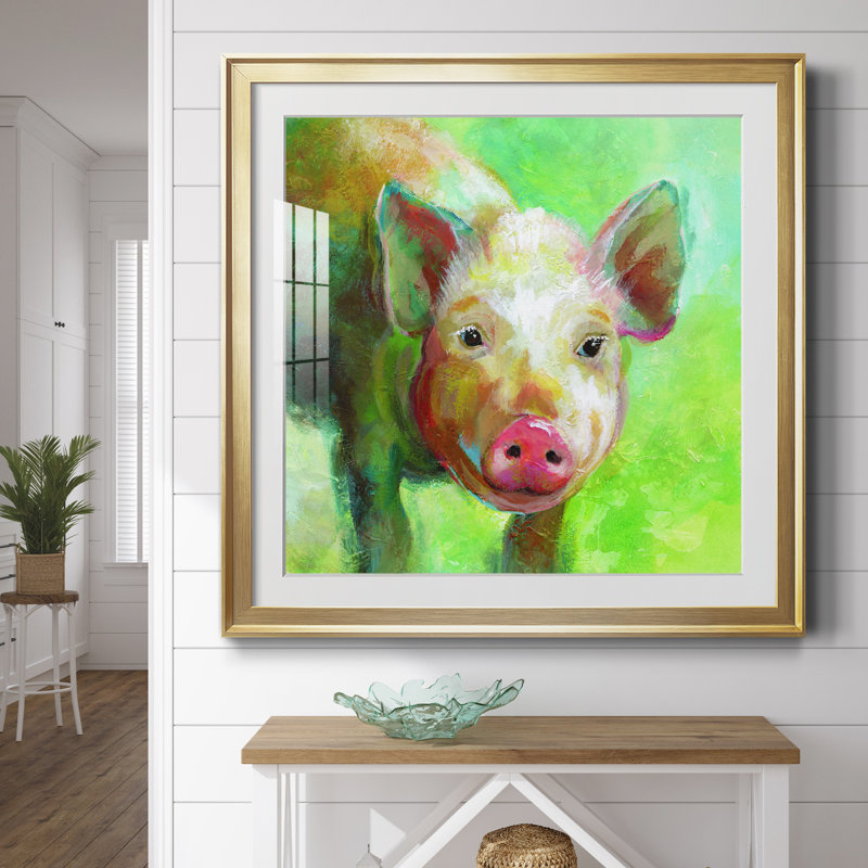 «Colorful Quirky Pig» - Impression de cadre photo sur papier, H 26,5 po x l 26,5 po x P 1,5 po, Encadrement doré