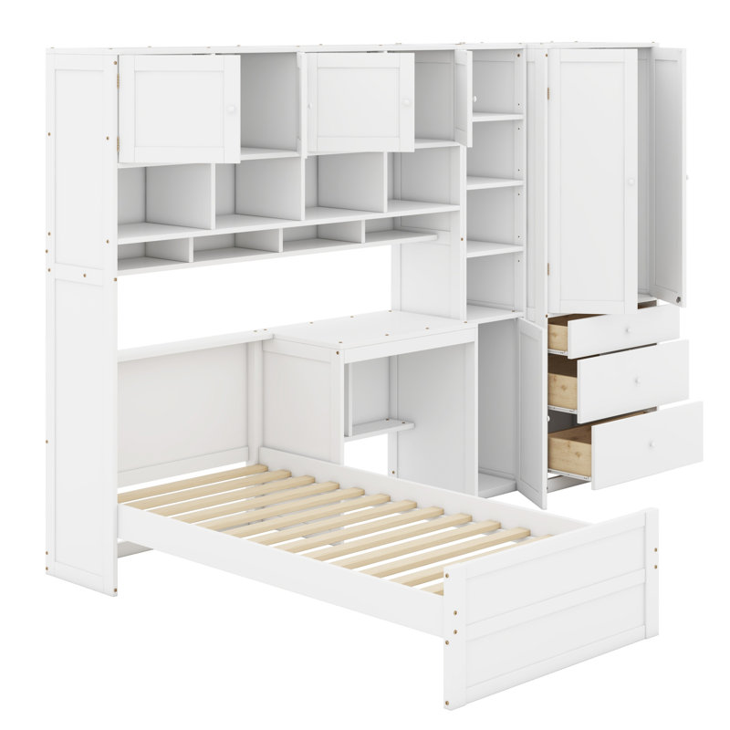 Wooden Platform Bed with Desk, Wardrobe, Storage Cabinets, Drawers & Shelves, White